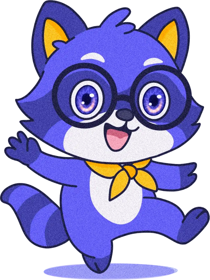 Mascotte Minala (un raton-laveur violet) faisant coucou