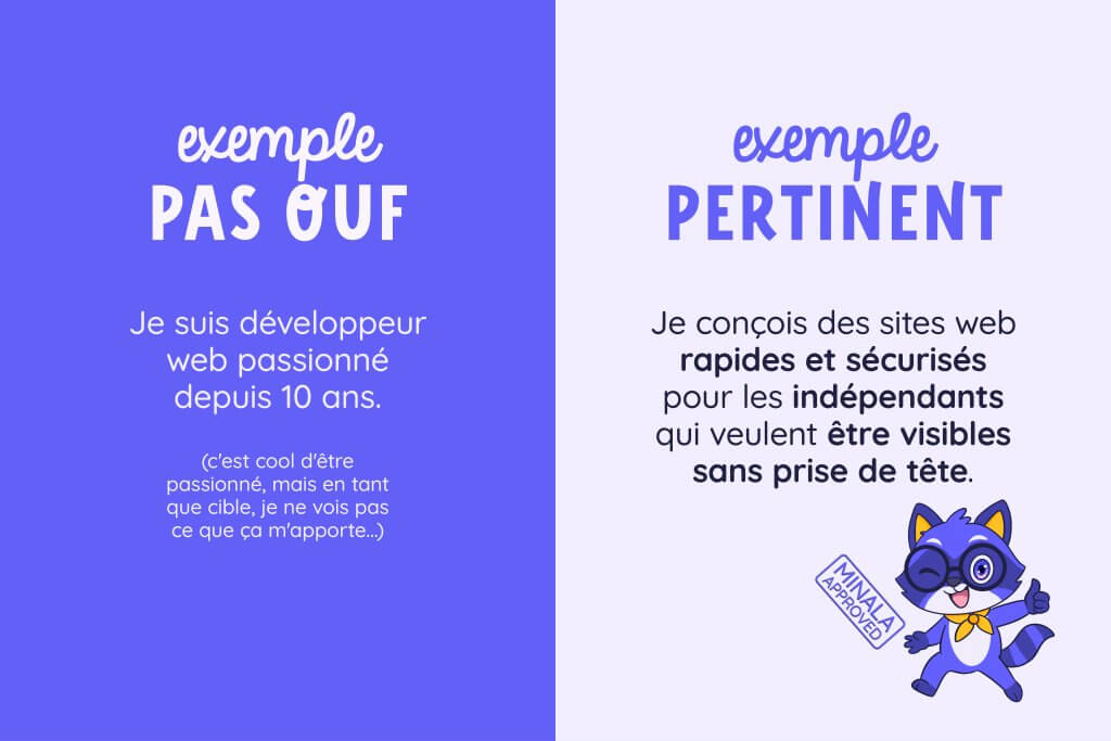 Comparaison entre un bon et un mauvais exemple de présentation. Mauvais exemple : "Je suis développeur web passionné depuis 10 ans." Bon exemple : "Je conçois des sites web rapides et sécurisés pour les indépendants qui veulent être visibles sans prise de tête."